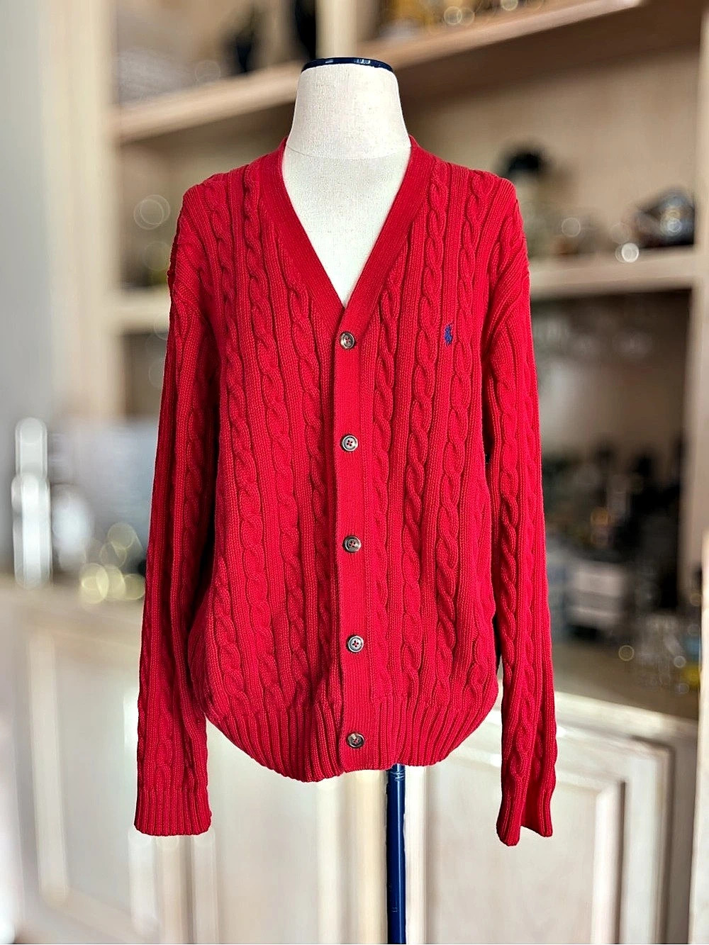 Polo by Ralph Lauren Cable Knit Cotton Cardigan in Red